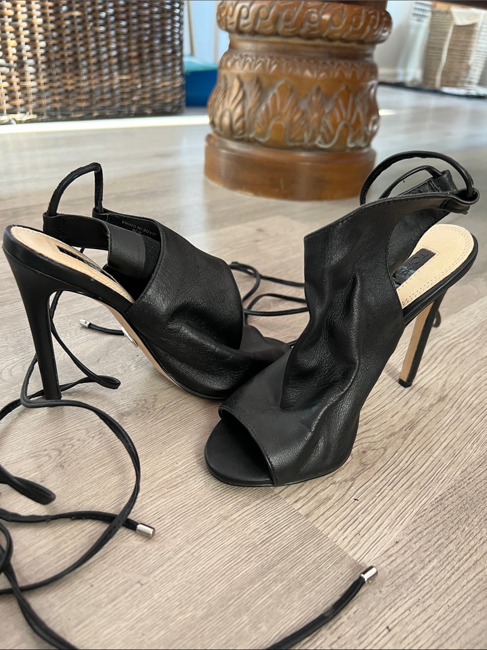 Top Shop Black Leather Lace-Up Peep Toe Wrap Sandal Heel - Picture 10 of 10